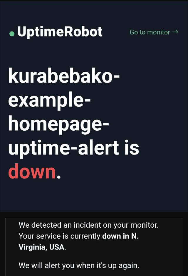 UptimeRobot から届いた DOWN のメール。モニター名の後に「is down.」と出て、本文に N. Virginia, USA から見て止まっていると書かれている